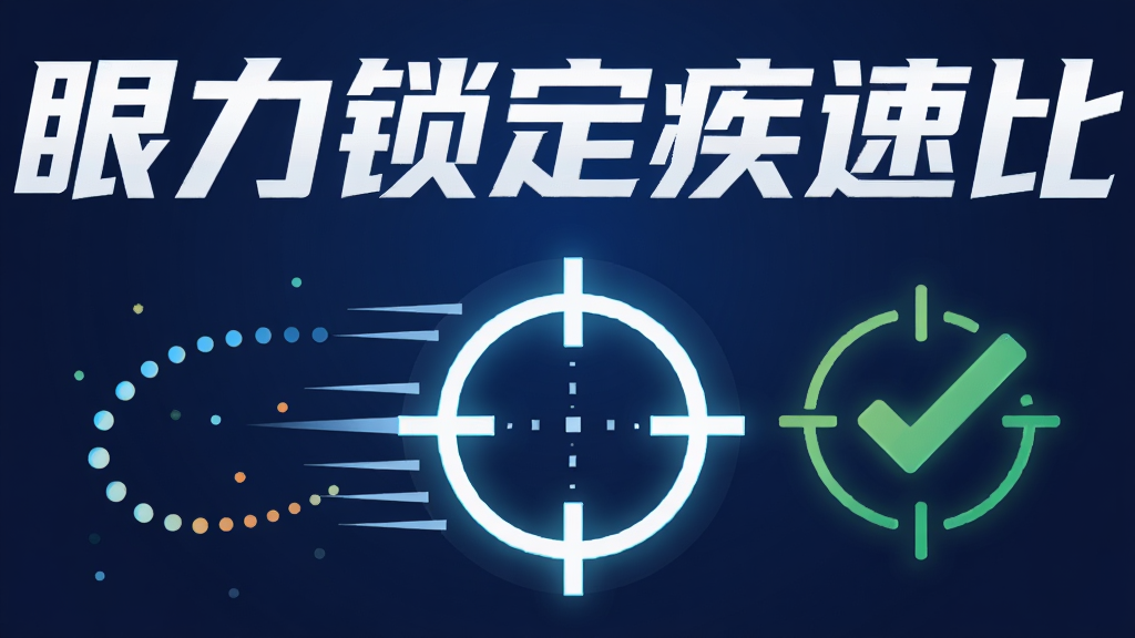 一幅AI生成的插画,主体为“眼力锁定疾速比”文字标识与一个发光的瞄准镜图标,布局采用左右分割式,左侧展示动态圆点轨迹,右侧展示锁定成功的对勾反馈,风格为扁平化科技插画,细节包含速度线、光晕、深蓝渐变背景,画质高清,干净,无多余元素