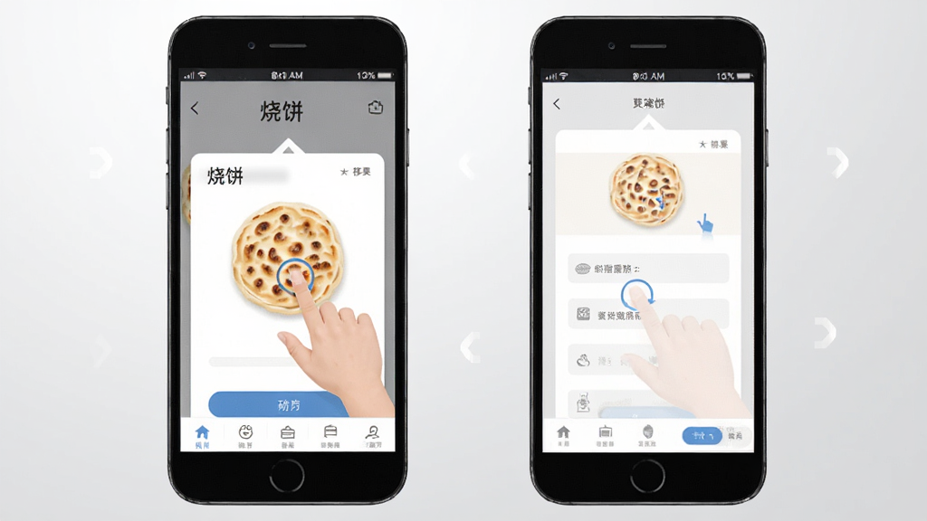 烧饼 移动端操作示意图,手机屏幕展示“烧饼”应用的操作手势和界面指引,背景为浅灰渐变,排版清晰,风格实用简约,细节明确,画质干净,无多余元素
