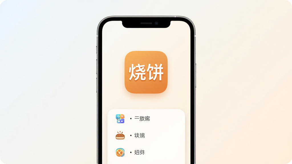烧饼 软件主界面展示,手机屏幕中央显示“烧饼”应用图标和简洁的功能菜单,背景为浅色渐变,主体突出,布局居中,风格现代简约,细节清晰,画质干净,无多余元素