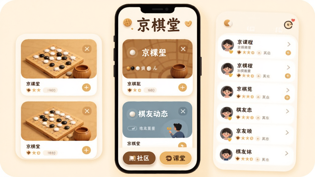 一个围棋学习社区的手机界面插画,画面中显示多个课程卡片和棋友动态列表,顶部有