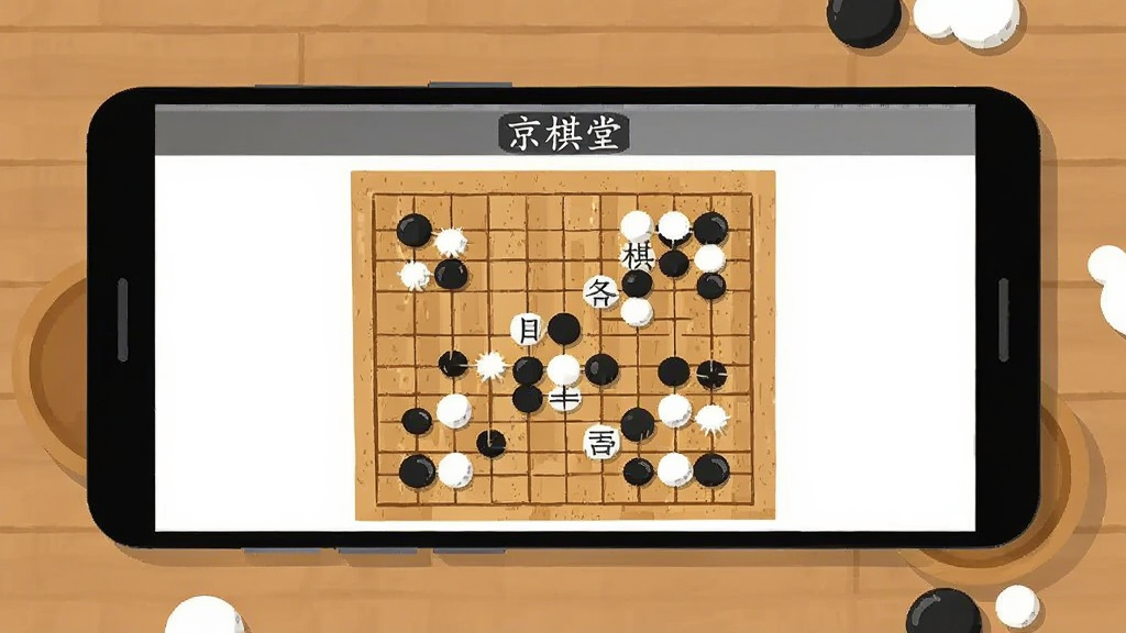 画面中央放置一部安卓手机,手机屏幕显示围棋棋盘与黑白棋子对弈界面,棋盘上方有