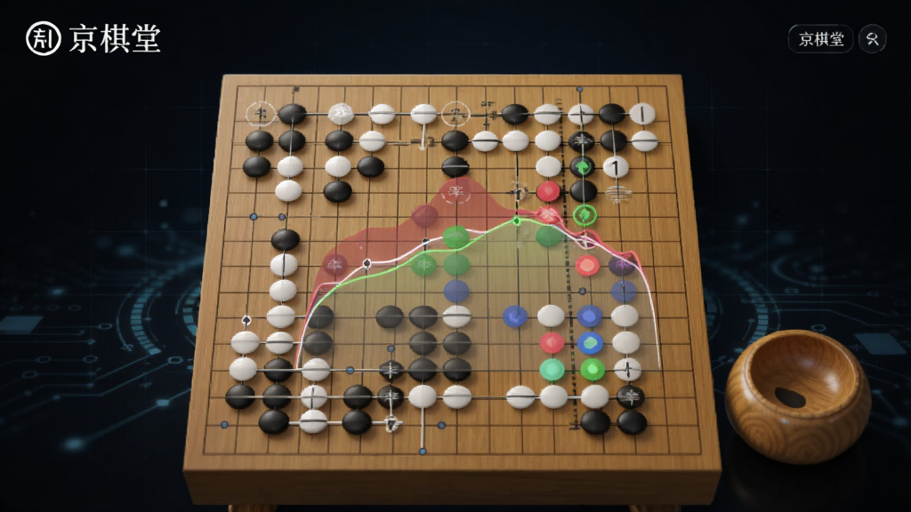 一幅围棋AI复盘分析界面的概念图,画面中央为围棋棋盘,棋盘上叠加了胜率曲线和彩色落子推荐点,棋盘旁边有
