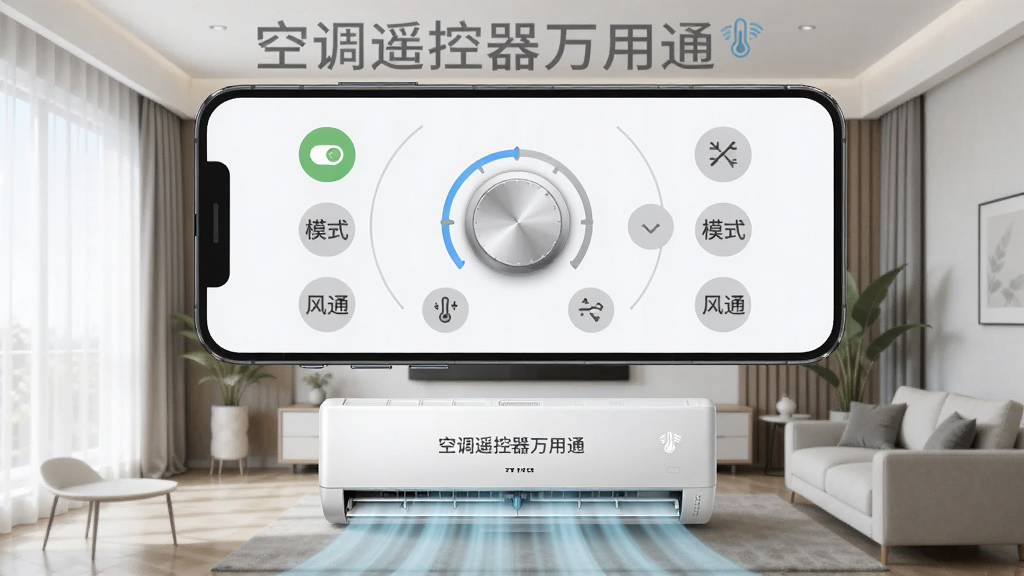 一张展示智能手机屏幕的图片,屏幕上显示着空调遥控器万用通软件的界面,界面中央是一个圆形的温度调节旋钮,周围环绕着开关、模式、风速等控制按钮,手机下方是一台正在吹出冷气的壁挂式空调,背景是现代简约风格的客厅,画面风格为干净明亮的3D渲染图,细节丰富,画质清晰,无多余元素,图片中打上文字