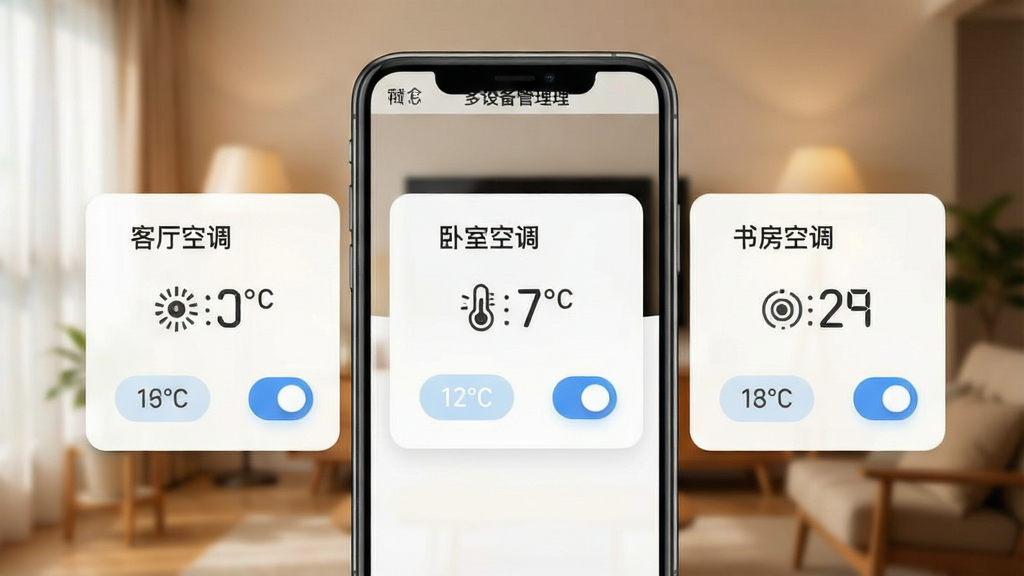 一张展示手机应用内多设备管理界面的图片,屏幕上并排显示着三个卡片式遥控器面板,分别标注着