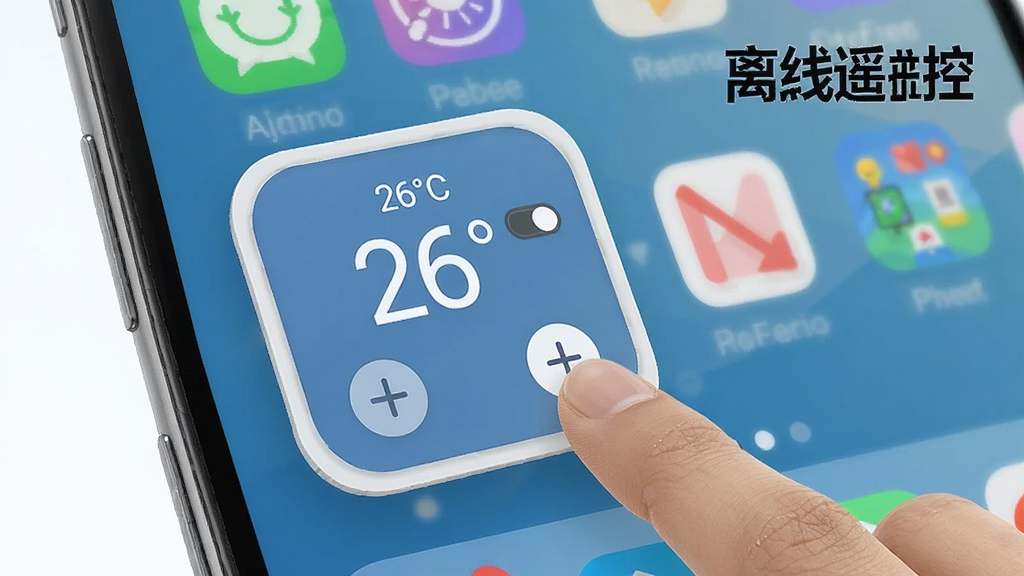 一张展示手机桌面小组件的图片,桌面上有一个方形的空调遥控器万用通小组件,显示当前温度26度和开关状态,旁边有手指正在点击温度加号按钮,背景是手机主屏幕的其他应用图标,风格为简洁明快的数码产品渲染图,细节丰富,画质清晰,无多余元素,图片中打上文字