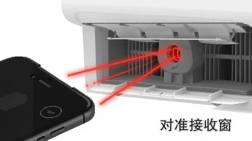 一张展示手机红外发射口对准空调接收窗的示意图,画面中有手机、红外光线示意线、空调接收窗,背景为白色,风格为技术说明图,细节清晰,画质干净,无多余元素,图片中打上文字