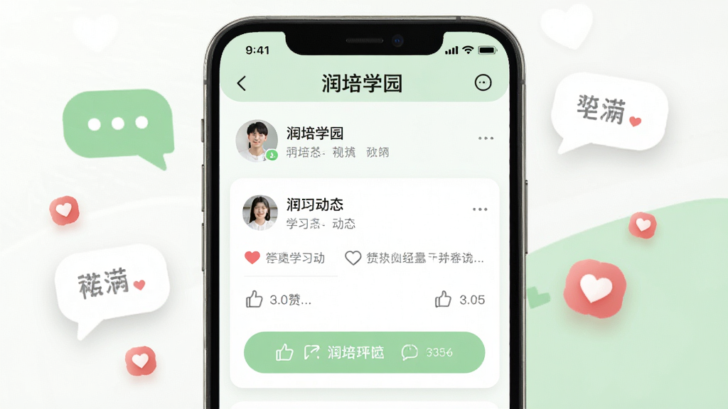 润培学园 学习社区互动场景,画面展示一个手机界面,屏幕上是润培学园的社区页面,有用户头像、学习动态、点赞和评论按钮,背景是明亮的白色和浅绿色搭配,周围有对话气泡和爱心图标漂浮,风格清新简洁,高清画质,无多余元素