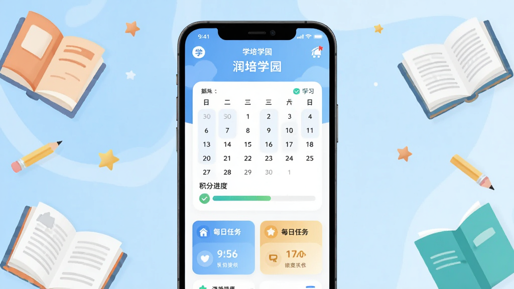 润培学园 手机应用主界面展示,画面中央是润培学园APP的首页,包含学习打卡日历、积分进度条和每日任务卡片,背景是柔和的浅蓝色渐变,周围点缀书本、铅笔、小星星等学习元素,整体采用扁平化插画风格,画面干净整洁,色彩清新明快,高清画质,无多余元素