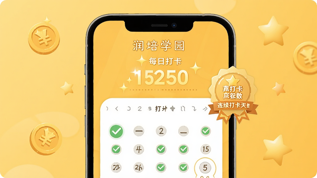 润培学园 打卡积分界面,画面中展示一个手机屏幕特写,屏幕上显示润培学园的每日打卡页面,有打勾标记的日历、闪闪发光的积分数字和连续打卡天数的徽章,背景是温馨的暖黄色调,周围散落着金币和星星图标,扁平化设计风格,画面干净整洁,高清画质