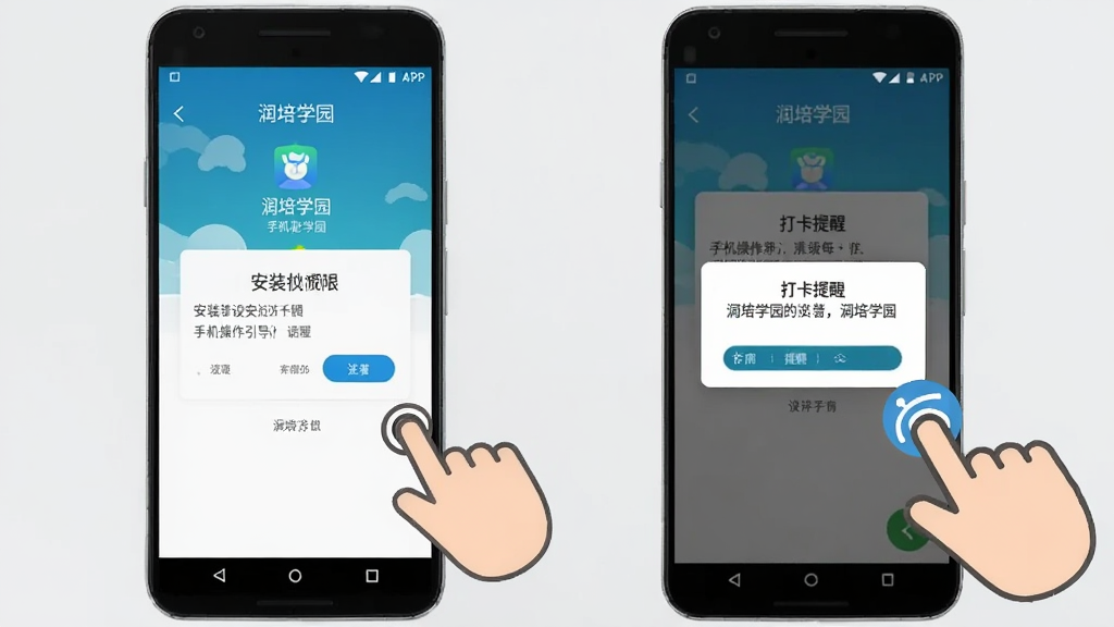 润培学园 手机操作引导图,画面展示一部安卓手机屏幕,屏幕上显示润培学园APP的安装权限设置页面和打卡提醒弹窗,旁边有手指点击的图标示意,背景是简洁的浅灰色,风格写实清晰,高清画质,无多余元素