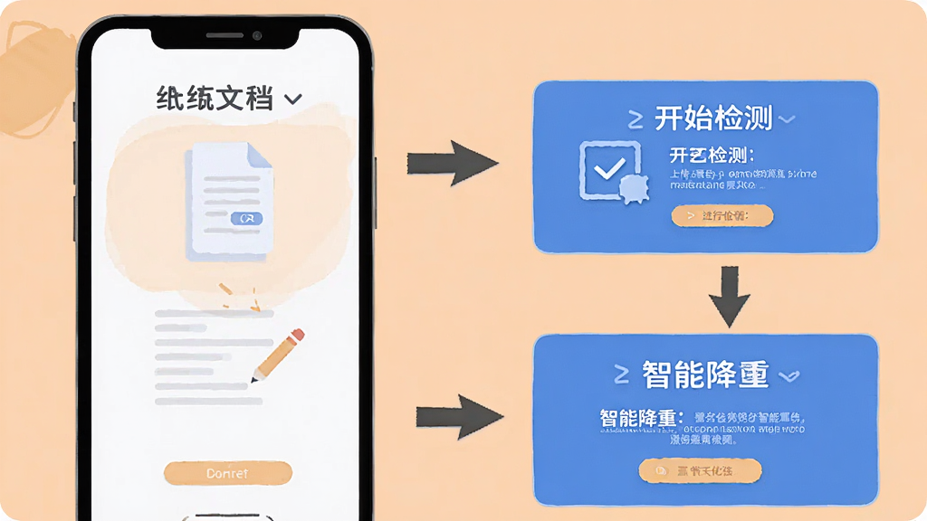 PaperDeep新手使用操作流程图,画面以手机屏幕为载体,分步骤展示上传文档、开始检测、查看报告、智能降重四个操作界面,用箭头依次连接,背景为浅橙色,整体风格为扁平化教程插画,布局纵向排列,画质清晰,干净无多余元素