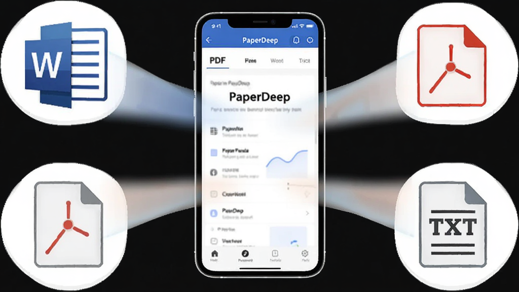 PaperDeep多格式文档兼容功能展示,画面中一部手机周围环绕着Word、PDF、TXT三种文档图标,图标以光线连接至手机屏幕上的PaperDeep应用界面,背景为干净的白色,整体风格为简约商务插画,布局居中对称,画质清晰,干净无多余元素