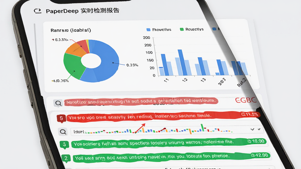PaperDeep实时检测报告页面,手机屏幕上显示饼状图和柱状图展示重复率分布,下方有红色和绿色标注的段落列表,界面设计简洁专业,背景为浅灰色,整体风格为数据可视化风格,排版清晰,画质高清,干净无多余元素