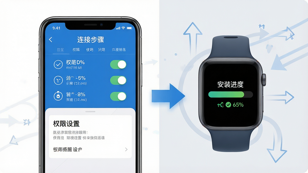 一张展示“orbitv蓝河助手”使用指南的示意图,画面主体为手机和手表并排展示,手机屏幕上显示连接步骤和权限设置界面,手表屏幕显示安装进度条,背景中有箭头指示操作流程,布局为左右分栏加流程箭头,风格为信息图风格,色调以蓝、白、浅灰为主,细节包括权限开关图标、进度百分比、连接状态图标,画质清晰,干净,无多余元素