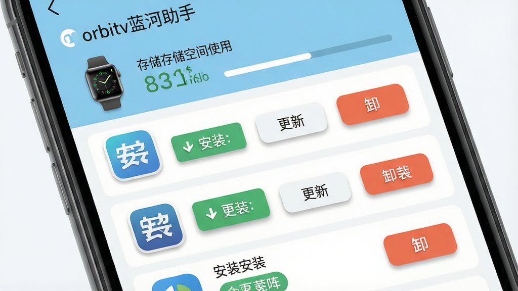 一张展示“orbitv蓝河助手”一站式应用管理界面的图片,画面主体为手机屏幕特写,屏幕上排列着应用管理列表,每个应用图标旁有安装、更新、卸载按钮,顶部显示已连接手表型号和存储空间使用情况,布局为纵向列表,风格为扁平化设计,色调以浅蓝和白色为主,细节包括进度条、状态标签、图标阴影,画质清晰,干净,无多余元素