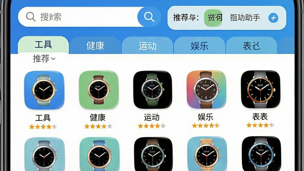 一张展示“orbitv蓝河助手”应用资源库界面的图片,画面主体为手机屏幕,屏幕上以网格形式排列着各类手表应用图标,分类标签包括工具、健康、运动、娱乐、表盘等,每个应用下方有名称和评分星级,顶部有搜索框和推荐位,布局为网格加横向分类栏,风格为清新明快,色调以蓝、白、浅绿为主,细节包括图标高光、分类标签、搜索图标,画质清晰,干净,无多余元素
