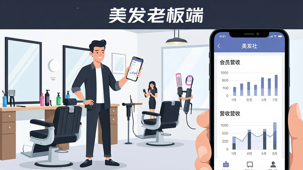 一张以美发店老板使用手机管理店铺为核心的全景画面,画面中央是一位穿着时尚的美发店老板站在理发椅旁边,手持智能手机查看美发社老板端应用界面,背景是明亮整洁的美发沙龙,有镜子、理发工具、烫发设备等元素,布局为左侧人物右侧界面特写,排版采用上下分层结构,上方为品牌标题区域下方为功能展示区,风格为现代扁平化插画风,细节包括手机屏幕显示会员列表和营收数据图表,画质高清干净无多余元素,图片中文字标注“美发社老板端”