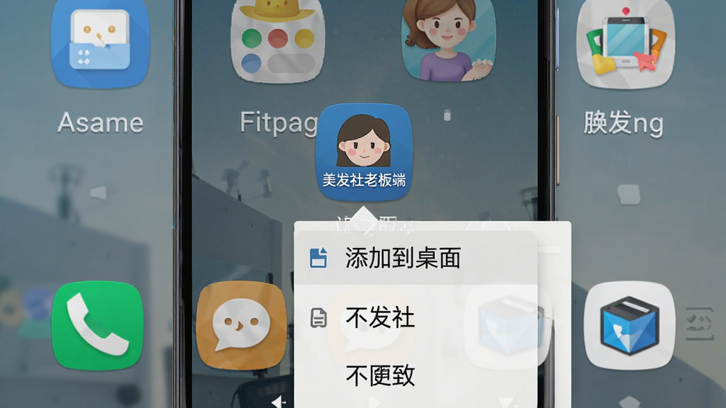 一张展示安卓手机桌面快捷方式设置的画面,画面中央是美发社老板端应用图标被长按后弹出菜单,菜单中有“添加到桌面”选项,背景为手机主屏幕,布局为竖屏手机界面,排版突出图标和菜单,风格为真实手机截图风格,细节包括桌面其他应用图标和壁纸,画质高清干净,图片中文字标注“美发社老板端”