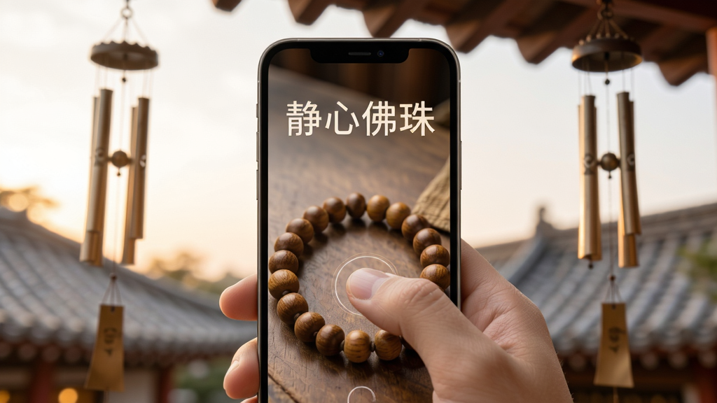 静心佛珠移动端操作场景,画面展示一只手拿着手机,拇指正轻轻滑过屏幕上的木质佛珠,手机屏幕上方悬浮着“静心佛珠”四个字,背景是模糊的寺庙屋檐和风铃,光线柔和温暖,风格写实生活化,画质清晰,干净,无多余元素。