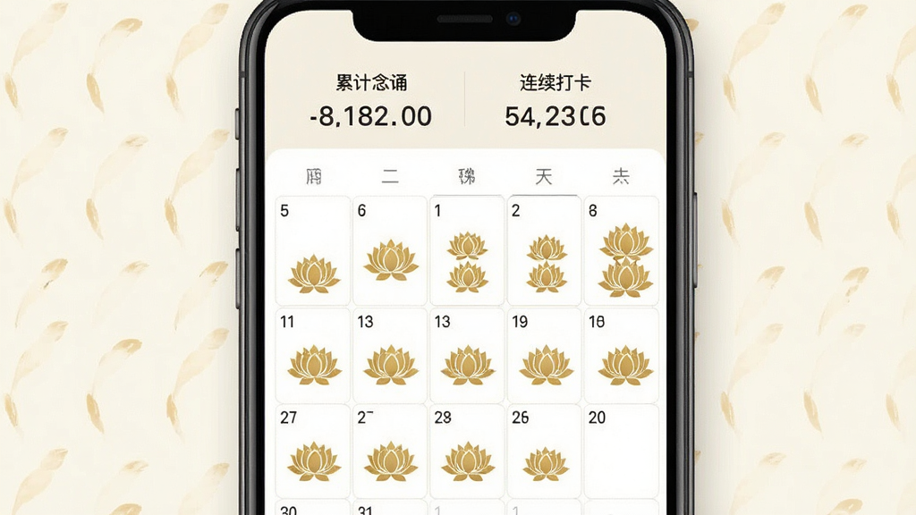 静心佛珠修行记录页面,画面显示一部手机屏幕,屏幕内是一个日历视图,每一天的格子里有不同数量的金色莲花标记,代表当天的念诵数量,页面顶部有“累计念诵”和“连续打卡”的数据统计,背景是淡雅的米白色,风格清新素雅,布局清晰,画质干净,无多余元素。