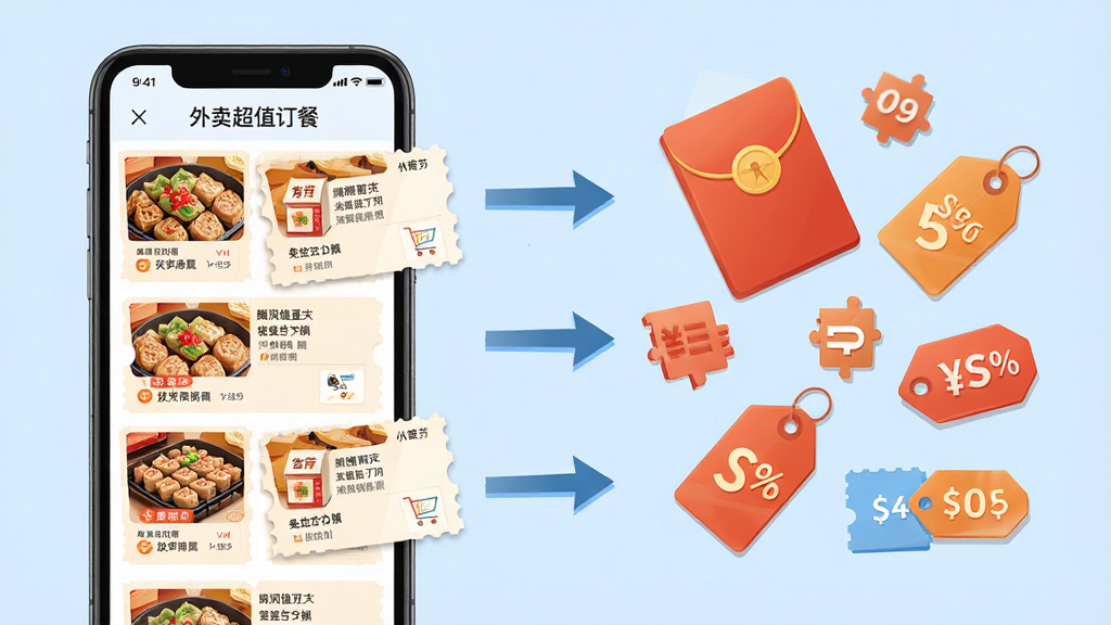 一幅展示“外卖超值订餐”优惠聚合功能的场景图,画面左侧一部手机屏幕显示多个商家优惠券卡片,右侧散落着红包、折扣标签和价格对比符号,中间用箭头连接商家与优惠,背景为浅蓝色干净底色,布局左右分区清晰,风格为简洁商业插画,细节精致,画质高清,干净无多余元素
