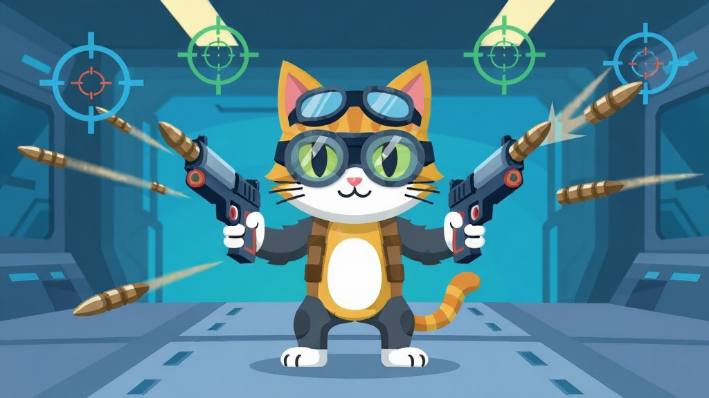 一只戴着护目镜的猫咪手持双枪,站在科幻风格的训练场中央,四周漂浮着瞄准准星与弹道轨迹,主体突出,布局对称,排版简洁,扁平化插画风格,色彩明亮,细节清晰,画质干净,无多余元素