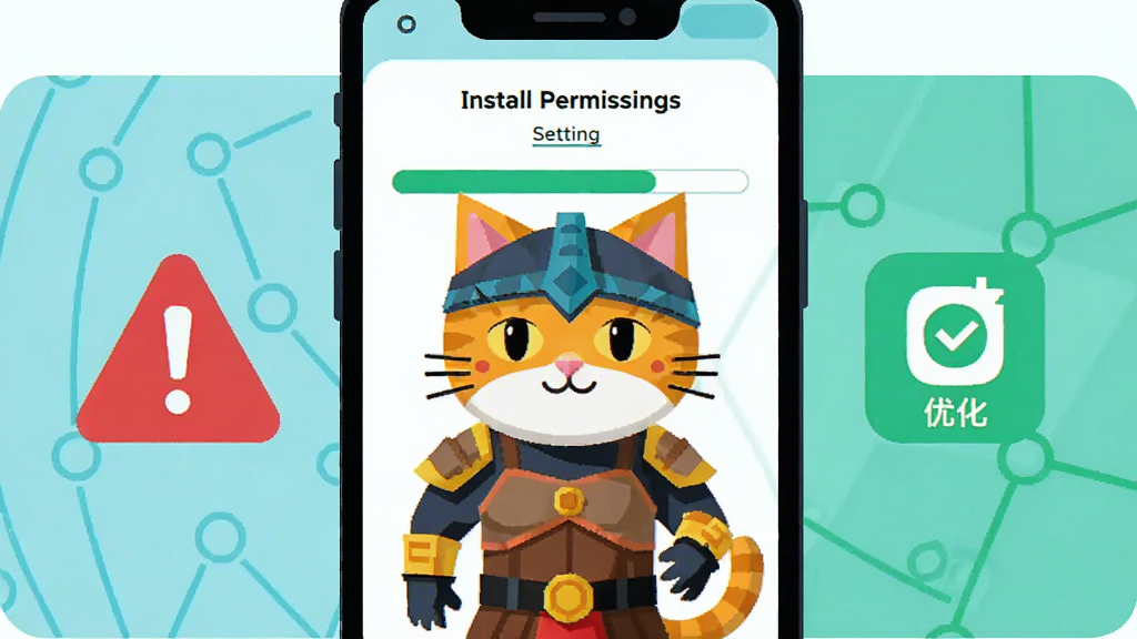 一只猫咪战士站在手机屏幕前,屏幕内显示安装权限设置界面与存储空间进度条,主体居中,左侧排版警告图标,右侧排版优化图标,扁平科技风格,色彩对比清晰,画质干净,无多余元素