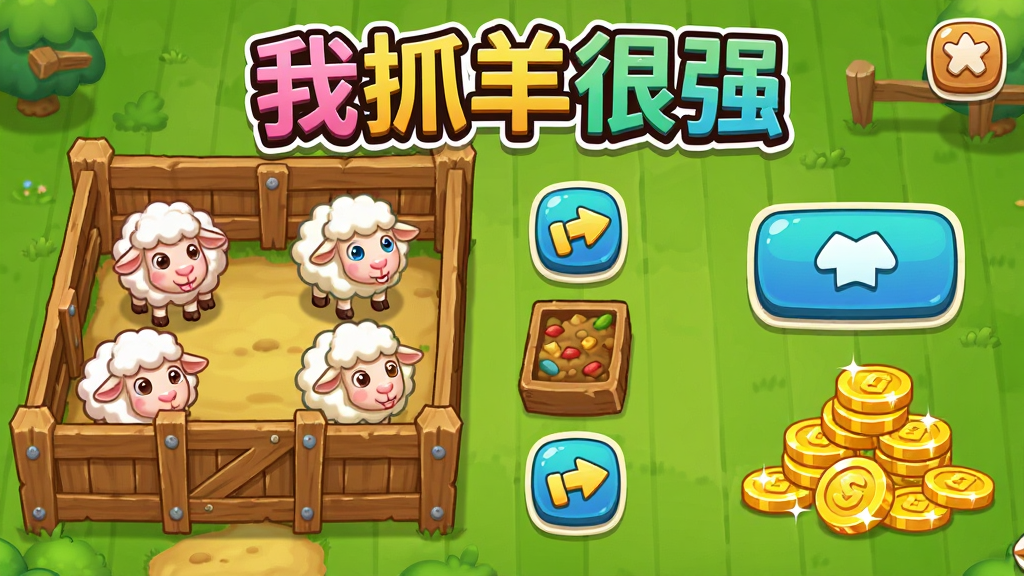 画面主体是一个卡通牧场全景,左侧是木质羊圈里面有几只不同颜色的小羊,右侧是升级按钮和金币堆,中间有饲料槽和加速图标,画面顶部标注“我抓羊很强”彩色艺术字,布局采用左右分栏排版,风格为休闲经营类游戏界面,细节上羊圈有木纹、金币有光泽,画质清晰干净,无多余元素