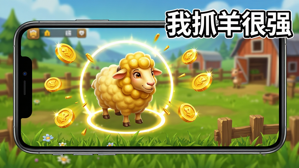 画面主体是一部手机横屏展示游戏界面,屏幕中一只金色稀有羊被光圈锁定,周围有金币飞溅特效,手机下方是绿色草地和木栅栏,背景虚化为牧场场景,画面右上角标注“我抓羊很强”白色描边字样,风格为卡通游戏宣传图,细节上金币有反光、羊有毛绒质感,画质高清干净,无多余元素
