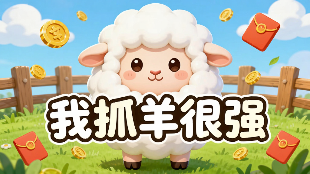 整体画面采用明亮卡通风格,主体是一只圆滚滚的白色小羊站在绿色草地上,背景是蓝天白云和木质围栏,画面中央用醒目的圆润字体写出“我抓羊很强”五个字,周围散落金币和红包图标点缀,布局居中对称,风格清新休闲,细节上羊毛质感柔和、草地有层次,画质清晰干净,无多余元素