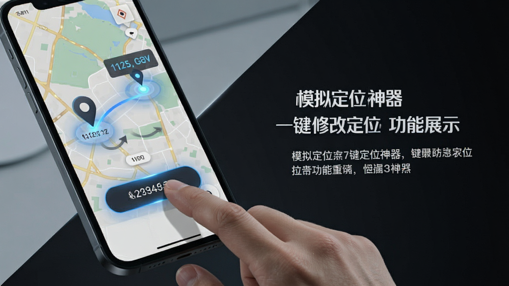 模拟定位神器一键修改定位功能展示,画面中心一只手点击手机屏幕上的定位按钮,地图背景显示位置标记从一处跳转到另一处,主体为手机与手指操作,布局对角线构图,排版左图右文,风格为现代简约科技风,细节包括蓝色光效按钮、坐标数值变化、地图缩放动画,画质清晰,画面干净,无多余元素