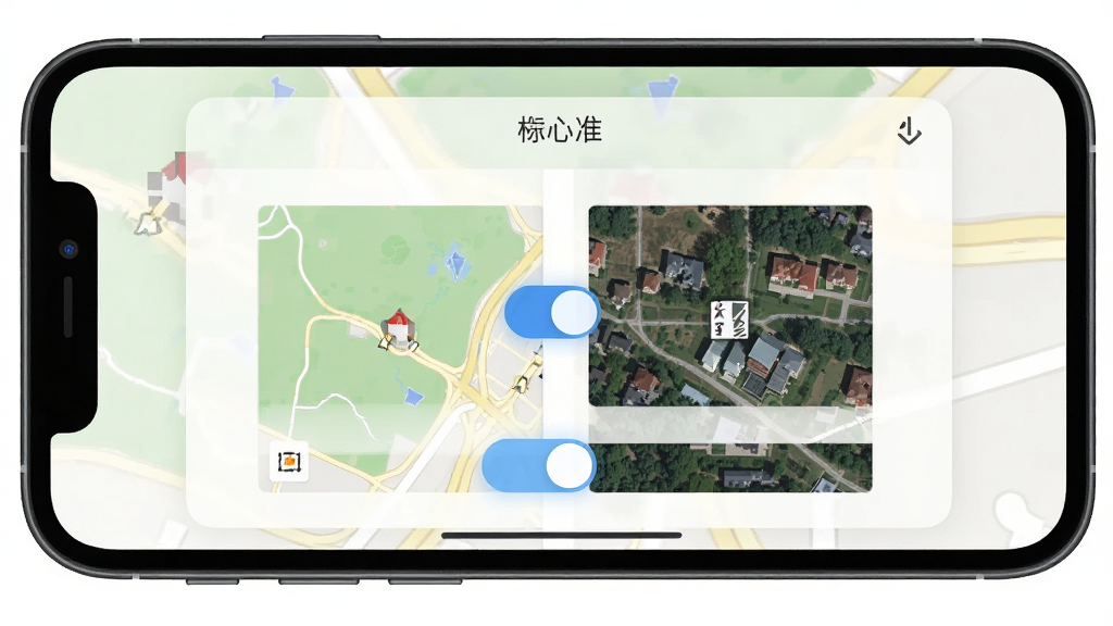 模拟定位神器多地图源切换界面,画面展示手机屏幕中地图图层切换菜单,包含标准地图与卫星地图缩略图,主体为手机界面,布局上下分层,排版清晰有序,风格为扁平化UI设计,细节包括地图缩略图、切换按钮、选中高亮效果,画质高清,画面干净,无多余元素