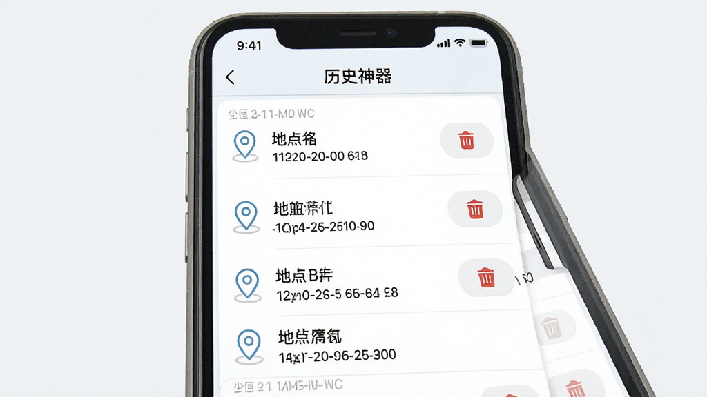 模拟定位神器历史记录管理页面,画面展示手机屏幕中按时间排列的定位记录列表,每条记录包含地点名称与坐标信息,主体为列表界面,布局垂直排列,排版整齐规范,风格为清爽浅色系设计,细节包括时间戳、地点图标、删除按钮,画质清晰,画面干净,无多余元素