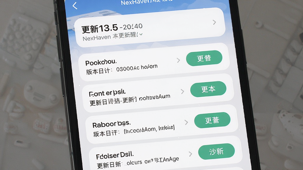 NexHaven版本更新提醒功能,主体为手机屏幕展示应用更新列表,布局为上方更新数量提示加下方逐条更新项目,排版清晰易读,风格为柔和圆角卡片式设计,细节包含版本号对比、更新日志摘要、一键更新按钮,画质清晰干净无多余元素