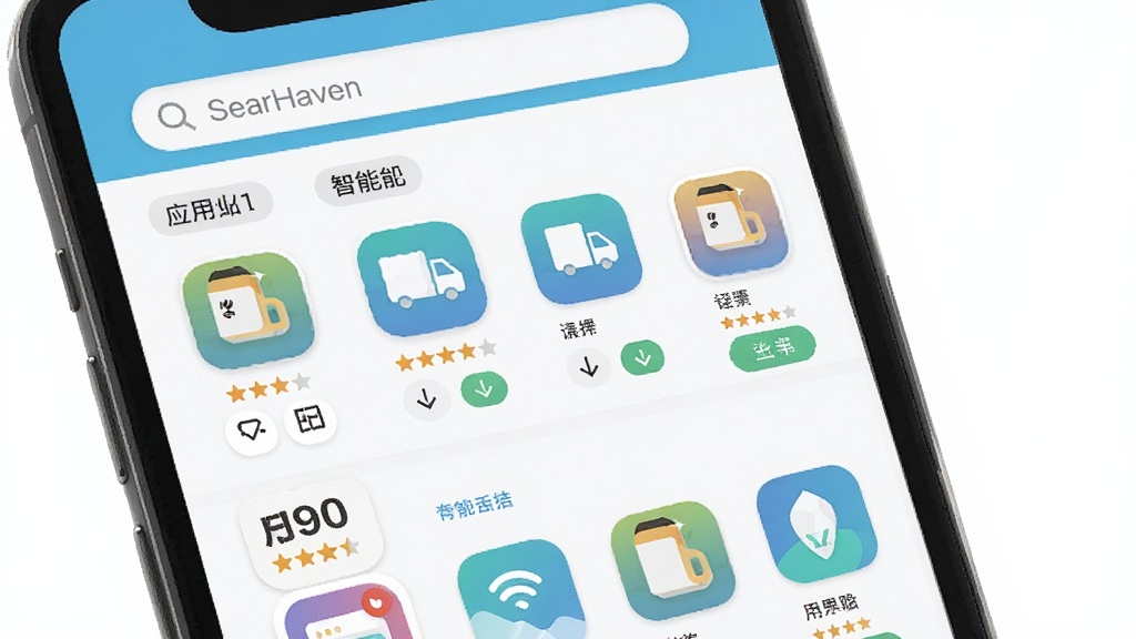 NexHaven智能应用管理功能界面,主体为手机屏幕展示应用分类管理页面,布局为顶部搜索框加下方多列应用图标,排版整齐有序,风格为清新浅色系扁平化设计,细节包含分类标签、应用评分、下载按钮,画质清晰干净无多余元素