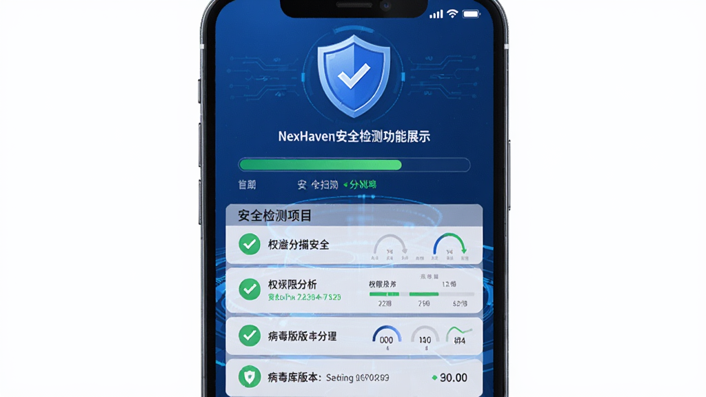NexHaven安全检测功能展示,主体为手机屏幕中显示安全扫描进度与检测报告,布局为上方盾牌图标加下方详细检测项目列表,排版层次分明,风格为科技蓝安全主题,细节包含绿色安全标识、权限分析图表、病毒库版本号,画质清晰干净无多余元素