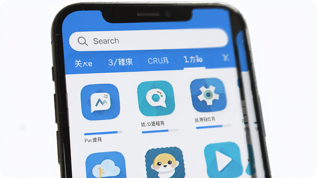 NexHaven软件主界面展示,主体为手机屏幕中显示的应用管理列表,布局采用上下结构,上方为搜索栏与分类标签,下方为应用图标网格排列,排版简洁清晰,风格为现代扁平化设计,细节包含蓝色主题色、圆角图标、下载进度条,画质清晰干净无多余元素