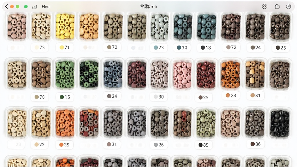拼豆画软件中展示多品牌拼豆色卡选择界面的图片,画面中整齐排列着不同色系的拼豆颗粒与对应色号标签,界面风格柔和清晰,色彩丰富但不刺眼,画质干净整洁。