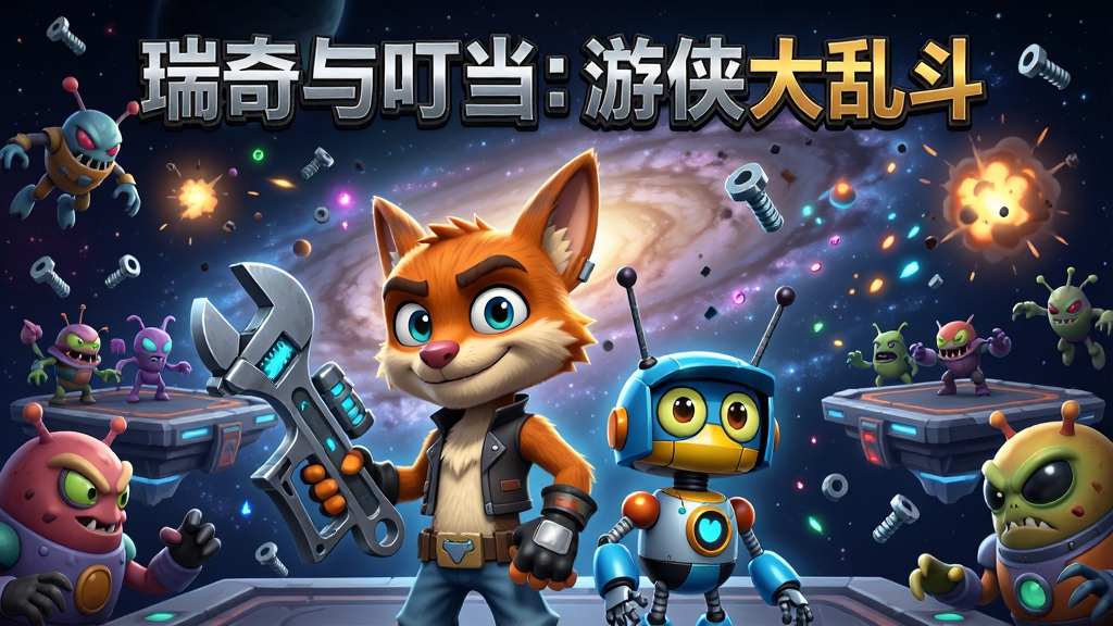 画面中心是瑞奇与叮当:游侠大乱斗的游戏主视觉,瑞奇手持标志性的扳手与叮当机器人并肩站立,背景是浩瀚的银河系与漂浮的竞技场平台,四周环绕着各种外星敌人与爆炸特效,布局采用居中对称式构图,排版上游戏名称“瑞奇与叮当:游侠大乱斗”以金属质感字体置于画面上方,风格为3D卡通渲染与科幻机甲结合,细节包括武器上的发光纹路、角色面部的自信表情、背景中飞舞的螺丝与能量粒子,画质为4K超高清、干净、无多余元素