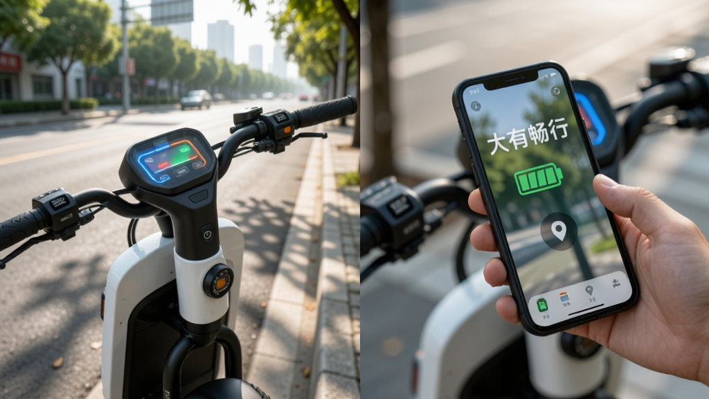 一辆白色电动自行车停在城市街道旁,骑行者手持智能手机查看APP界面,手机屏幕上清晰显示
