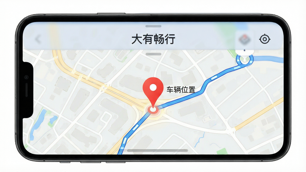手机屏幕显示地图界面,地图上有一个红色定位标记和蓝色轨迹线,屏幕上方显示