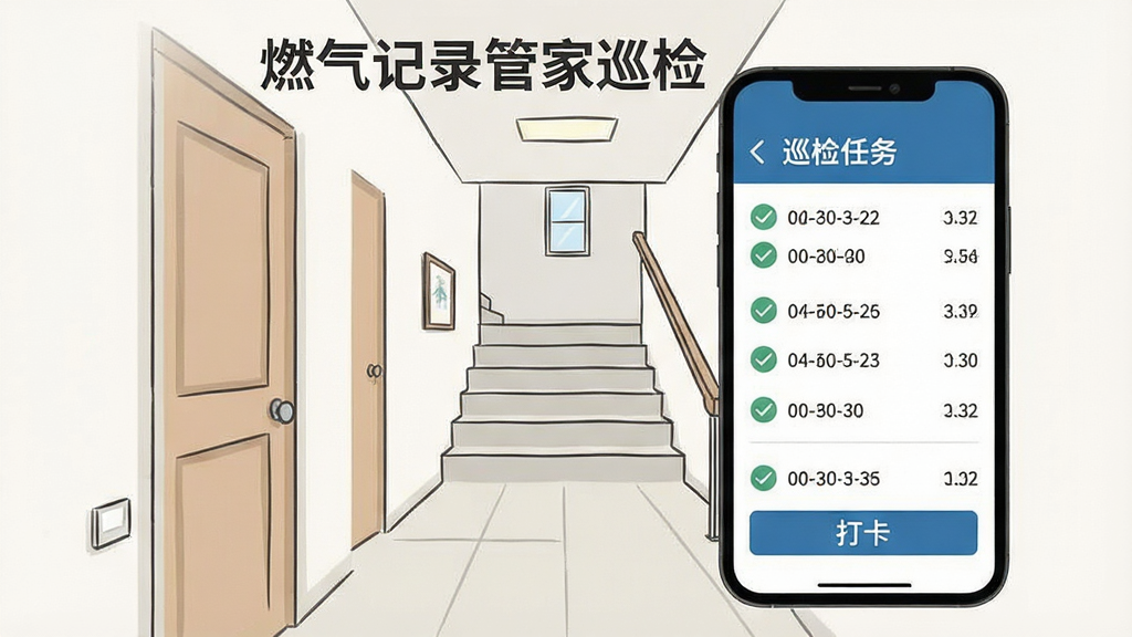 一张燃气记录管家巡检功能场景图,画面展示手机屏幕内巡检任务列表与打卡按钮,背景为小区楼道环境简笔插画,布局为上方标题下方列表,风格为简约商务风,细节包含勾选图标、时间戳和楼层编号,画质清晰干净,无多余元素