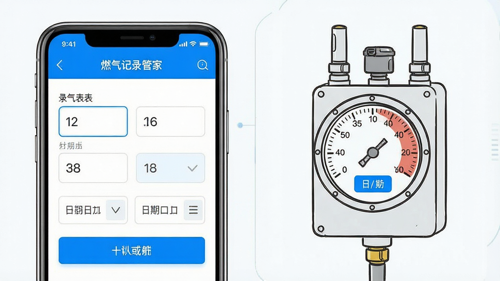 一张燃气记录管家功能展示图,画面主体为手机屏幕内显示燃气读数录入表单,包含数字输入框与日期选择器,布局为左右分栏,左侧为手机界面右侧为燃气表实物简笔画,风格为清爽科技风,细节有蓝色高亮按钮和刻度表盘,画质清晰干净,无多余元素