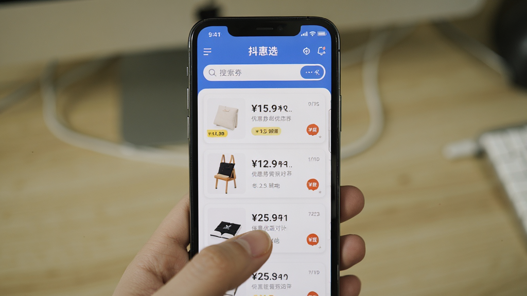 画面主体为抖惠选应用在手机上的操作界面实拍风格展示,布局为手机屏幕居中,屏幕中显示优惠券列表和价格对比信息,排版为上下滑动结构,风格为真实使用场景的UI截图风格,细节包括手指点击搜索框的动作、商品卡片、价格标签、优惠券金额等,画质为高清,干净无多余元素,背景为手机桌面环境,整体色调自然