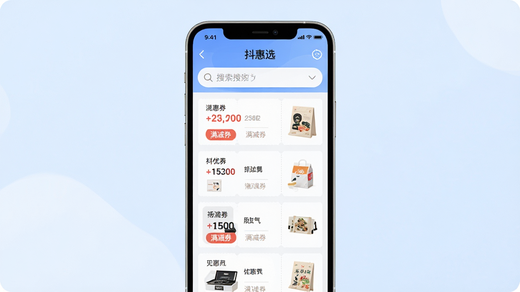 画面主体为抖惠选应用内优惠券聚合搜索功能的界面展示,布局为手机屏幕居中,屏幕中显示搜索框和多个优惠券卡片列表,排版采用上下结构,风格为清新简约的移动端UI设计,细节包括搜索图标、优惠券金额标签“满减券”、商品缩略图等,画质为高清,干净无多余元素,背景为淡蓝色渐变,整体色调柔和