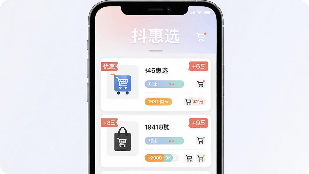 整体概括抖惠选购物省钱助手应用的全貌,主体是一部智能手机屏幕中展示着简洁的购物优惠券列表界面,布局采用居中构图,上方为应用名称“抖惠选”的柔和字体标识,下方为商品卡片和优惠标签,排版清晰有序,风格为现代扁平化UI设计,细节包括购物车图标、折扣标签、价格对比条等元素,画质为高清2K,干净无多余元素,背景为浅色渐变,整体视觉清爽舒适