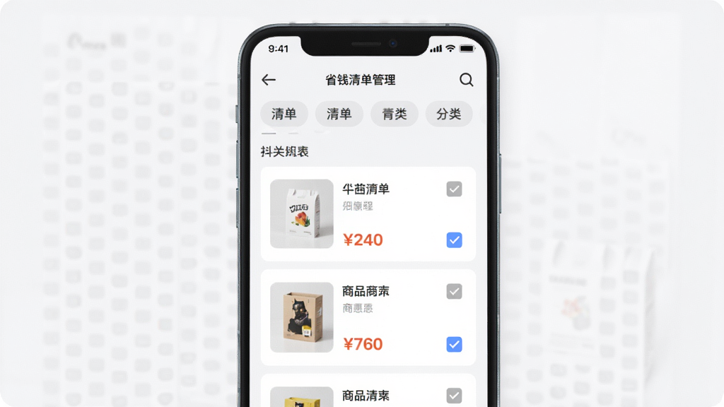 画面主体为抖惠选应用内省钱清单管理功能的界面展示,布局为手机屏幕居中,屏幕中显示分类标签和商品清单列表,排版为上下分区结构,风格为现代卡片式UI设计,细节包括清单分类图标、商品缩略图、价格标签、勾选框等,画质为高清,干净无多余元素,背景为白色与浅灰搭配,整体视觉简洁明快