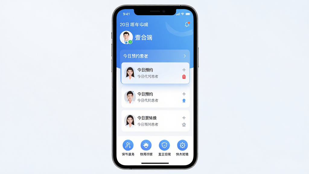 壹合代医生端应用首页工作台界面截图风格图片,画面为一部手机正面展示,屏幕内呈现医生工作台布局,上方显示日期和医生姓名,中间为今日预约患者卡片列表,下方为快捷功能入口图标,整体采用蓝白渐变色调,界面元素整齐排列,文字清晰可辨,风格简洁现代,画质干净高清,无多余装饰元素。