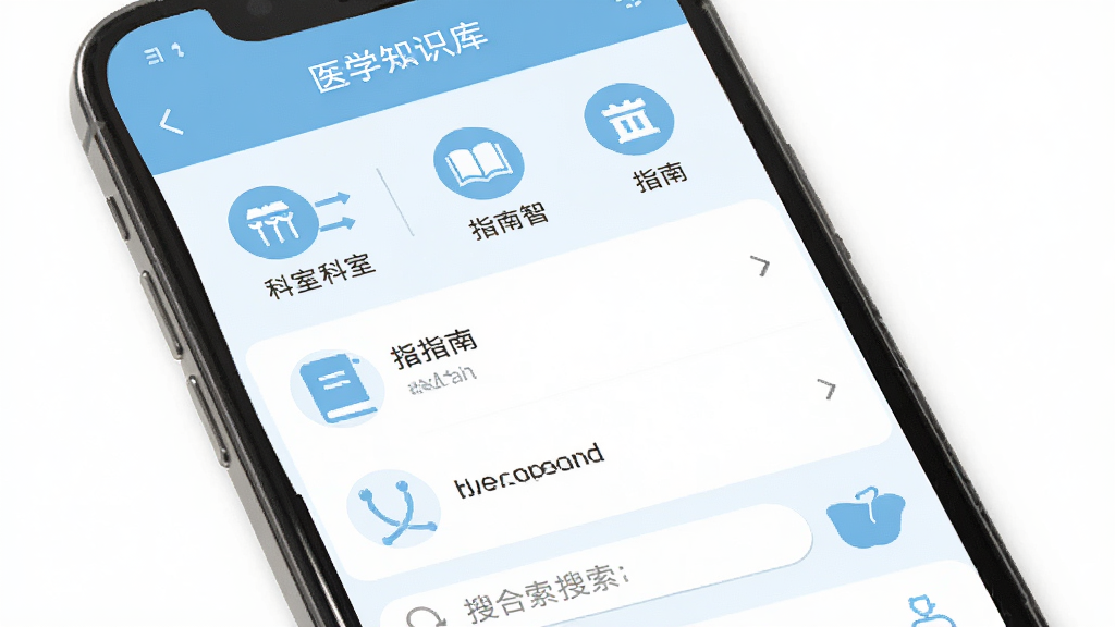 壹合代医生端医学知识库界面示意图,画面展示手机屏幕内分类浏览页面,包含科室图标、指南条目和搜索框,界面采用浅蓝与白色为主色调,图标风格统一简洁,排版整齐,画质高清干净,无多余元素,整体呈现专业医学学习工具的氛围。