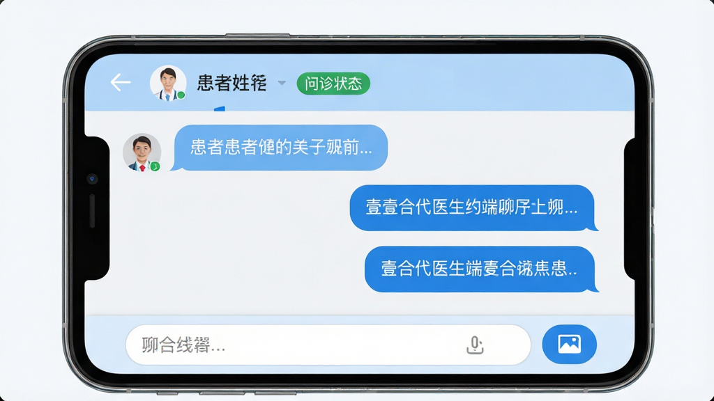 壹合代医生端在线问诊聊天界面示意图,画面展示手机屏幕内医生与患者的对话窗口,左侧为患者提问气泡,右侧为医生回复气泡,下方有输入框和图片上传按钮,界面采用浅色背景搭配蓝色强调色,顶部显示患者姓名和问诊状态标签,整体布局清晰,风格专业医疗感,画质高清干净,无杂乱元素。